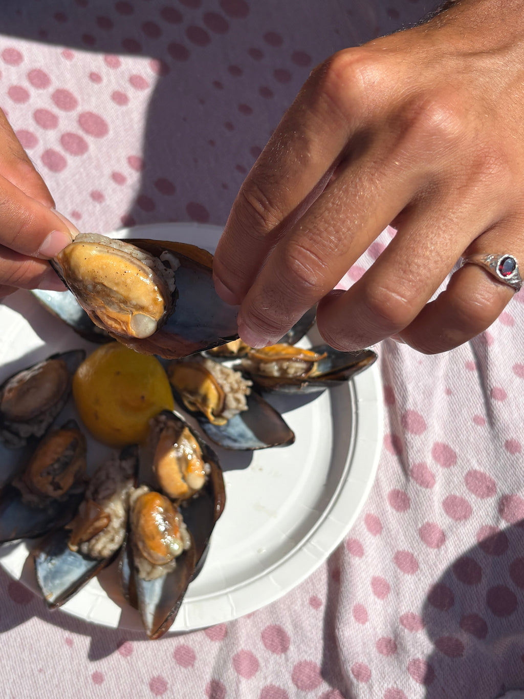 A close-up lifestyle shot of a person's hands with a silver ring with red garnet stone, opening mussels on a white paper plate, set on a pink polka-dot blanket under bright sunlight.